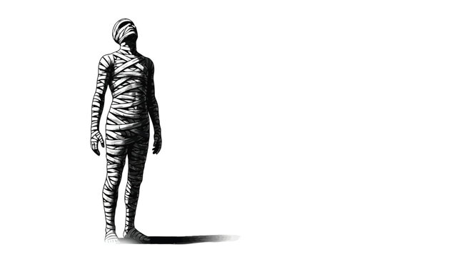 Mummy wrapped in bandages standing with shadow