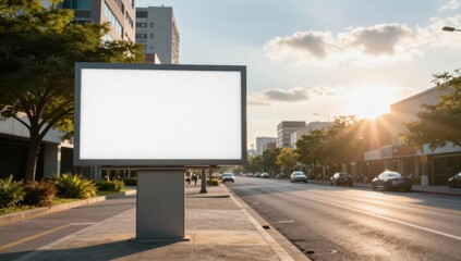 Fototapeta premium Blank Billboard Mockup on City Street at Sunset for Advertising and Marketing Campaigns