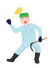 手作業で麦刈りする農夫。