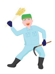 手作業で麦刈りする農夫。