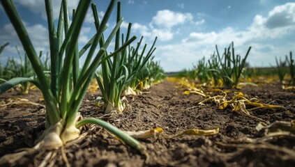 Obraz premium Leek farm nearly failed; some leaves are yellowing from lack of water