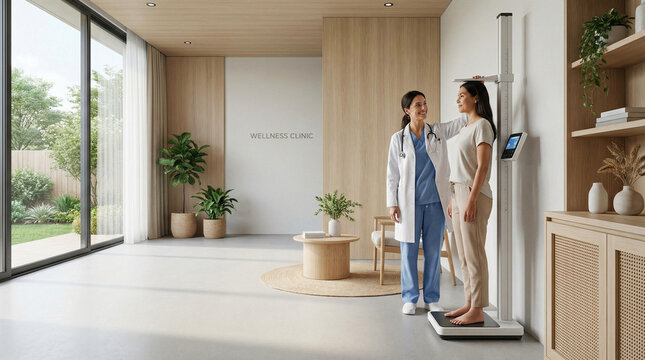 Doctor measuring a patient's height in a sunlit, minimalist wellness clinic with wooden decor, plants, and large glass doors.