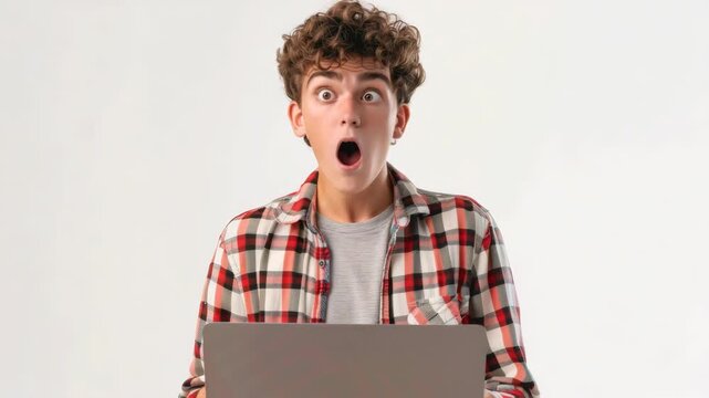 A man looking shocked while wearing a checkered shirt and holding a laptop.