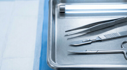 Stainless steel surgical instruments - scalpels, forceps and scissors - neatly arranged on a metal tray beside a blue sterile drape.