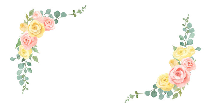 Watercolor Pink Yellow Rose and Eucalyptus Corner Frames: Elegant Floral Border Set with Blue Star for Wedding Invitations-300dpi-