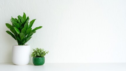 Fototapeta premium A minimalist arrangement of indoor plants set on a sleek white table, showcasing the beauty of simplicity and the vibrant green foliage that breathes life into any space.