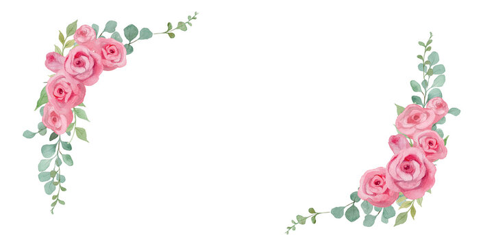 Watercolor Pink Rose and Eucalyptus Corner Frames: Elegant Floral Border Set with Blue Star for Wedding Invitations-300dpi-