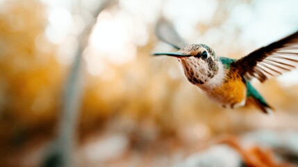 Fototapeta premium A stunning hummingbird captured in flight, showcasing its vibrant plumage against a blurred background of autumnal foliage, embodying nature's beauty and grace.