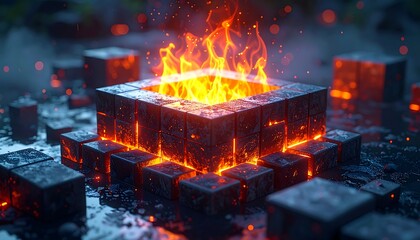 A fiery cube amidst scattered metal blocks on wet ground