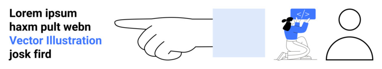 Communication, technology, programming, teamwork, navigation, user interface design. A pointing hand, developer coding on a laptop abstract shapes and profile icon. Communication and technology