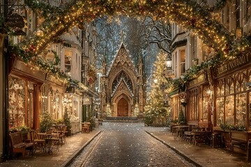 Obraz premium Christmas decorated street with church.