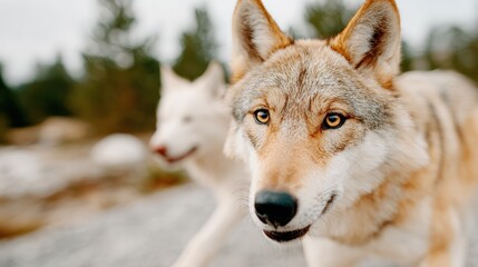 Obraz premium A captivating scene featuring two wolves in a natural setting, showcasing their grace and wild beauty. Their piercing eyes reflect intelligence and wilderness in the snowy backdrop.