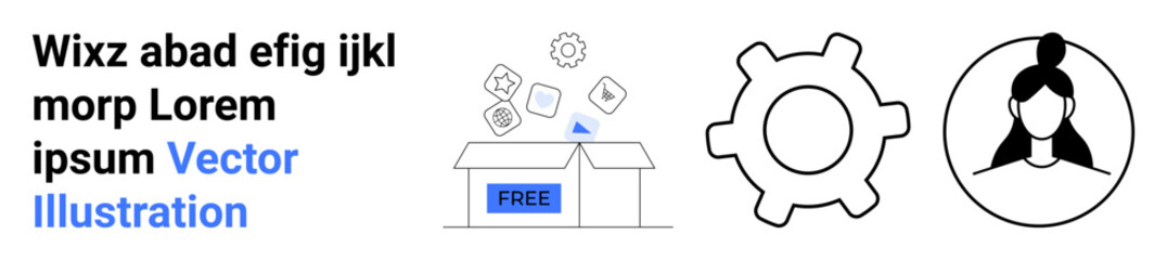 Free resources, innovation tools, user profiles, design, business solutions, digital concepts. Open box with floating shapes, gear icon and female avatar. Free resources and innovation tools concept