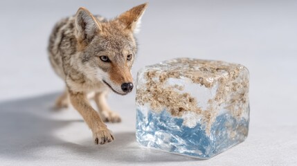 Obraz premium A curious coyote approaches a transparent block of ice, reflecting on its environment while showcasing the creature's inquisitive nature and the harshness of its habitat.