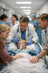 Fototapeta premium Emergency room pediatric doctors and nurses treating injured child on hospital stretcher in busy hallway with anxious family and medical staff providing urgent trauma care with lifesaving support