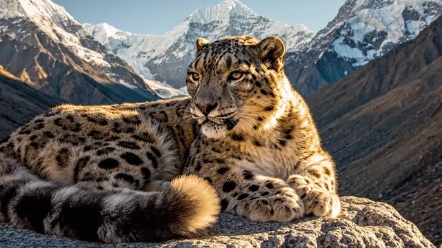 Majestic snow leopard resting on mountain rocks under golden light