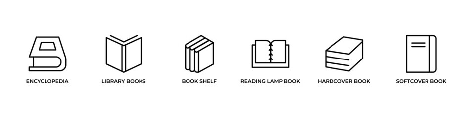 Book reading and library banner design with clean line icons featuring encyclopedia, library books, bookshelf, reading lamp book, hardcover book