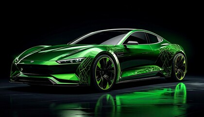 Fototapeta premium Green modern car on black background.