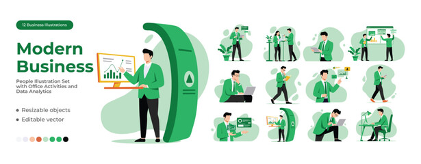 Modern Flat Style Business People Illustration Set with Office Activities