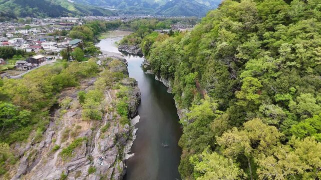 Nagatoro Gorge Iwadatami Rocks River Valley Spring Scenic Aerial Drone
