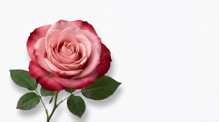 Single Pink Rose with Red Edges and Green Leaves on White Background.