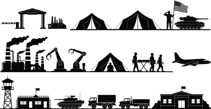 Military base silhouettes featuring soldiers, army tanks, fighter jets, factory industrial plants, tents, medical evacuation, and national flags on white background