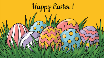 Happy Easter colorful decorated eggs in grass illustration with bright yellow background for spring holiday greeting card and festive banner design © Zavivec