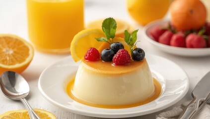 Orange juice over vanilla pudding or panna cotta on a white table