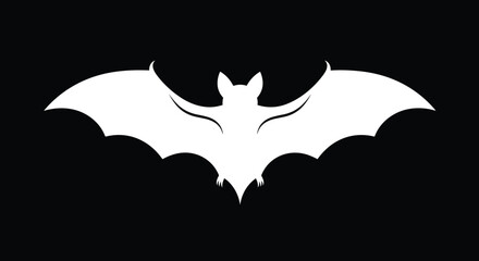 Fototapeta premium Silhouette of a bat with its wings spread wide in flight, presented as a stark white icon against a solid black background.