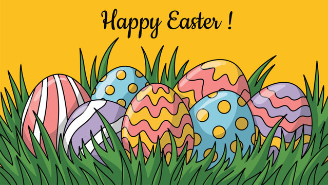 Happy Easter colorful decorated eggs in grass illustration with bright yellow background for spring holiday greeting card and festive banner design