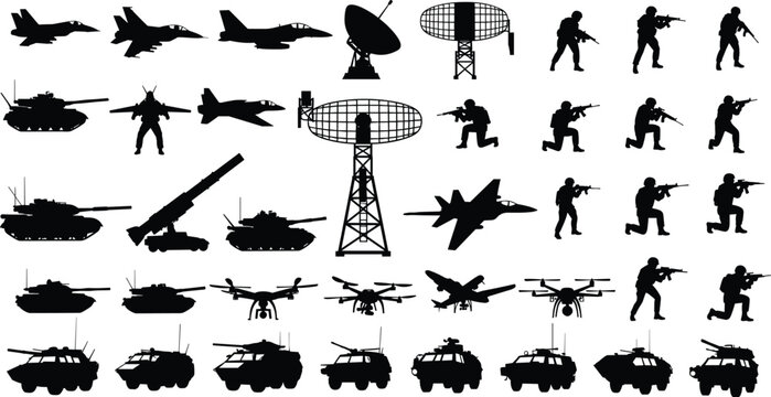 Military silhouettes set including fighter jets tanks soldiers with rifles radar towers drones armored vehicles and missile launchers for warfare combat design