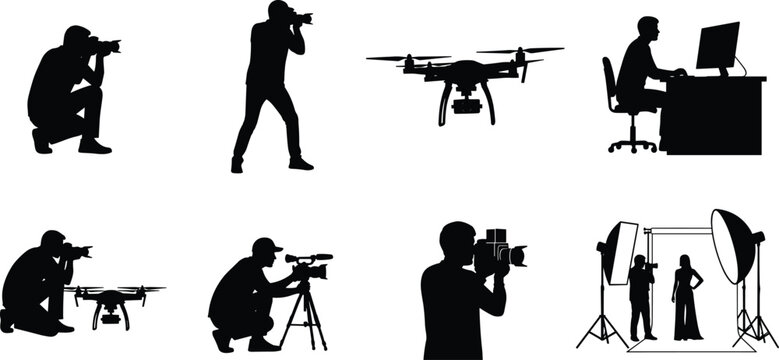 Professional photography and videography production silhouette icons featuring drone operators, camera men, studio lighting, fashion shoot, and digital video editing workspace set