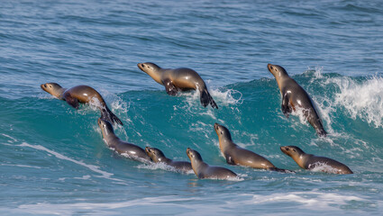 Obraz premium Playful Sea Lions Surfing Ocean Swells