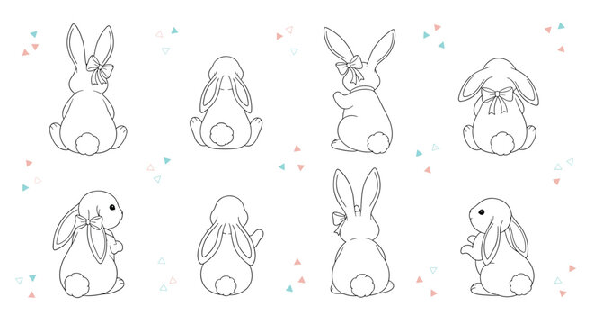 Large set of various bunny character outlines from the back and side view with bows and decorative confetti shapes.