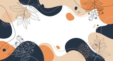 Contemporary abstract design combines fluid organic shapes in navy and peach with delicate botanical line art of branches and berries.