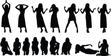 Set of fashion model silhouettes with elegant woman in various poses including standing dancing sitting crouching and lying down for lifestyle design © Moskirul