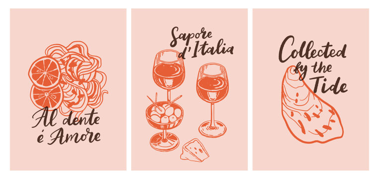Set of hand drawn vintage posters in dolce vita style. Vector illustration of italian style hand drawn posters. Illustration for invitations, menus design. Breakfast, lunch, dinner concept.