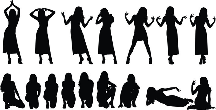 Set of fashion model silhouettes with elegant woman in various poses including standing dancing sitting crouching and lying down for lifestyle design