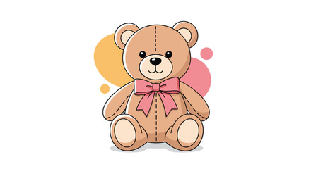 Fototapeta premium Adorable colored illustration of a brown teddy bear sitting with a pink bow against a background of soft pastel shapes.
