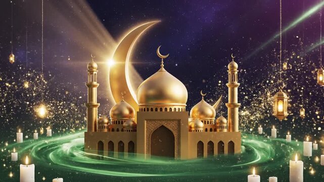 Golden mosque and crescent moon islamic celebration digital illustration