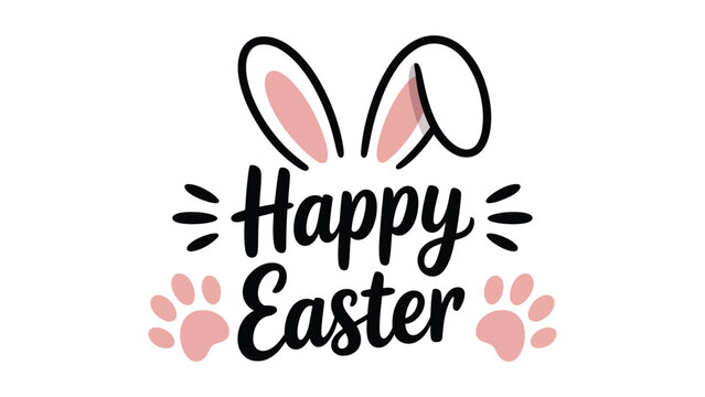 Happy Easter cute typography design with bunny ears and paw prints in pastel colors for spring holiday greeting banner