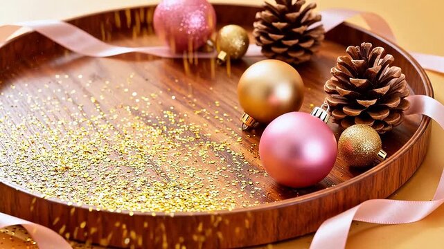 Wooden tray with Christmas ornaments