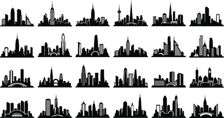 Obraz premium Vector set of world city skyline silhouettes featuring famous metropolitan landmarks skyscrapers and urban buildings for travel architecture and business design projects