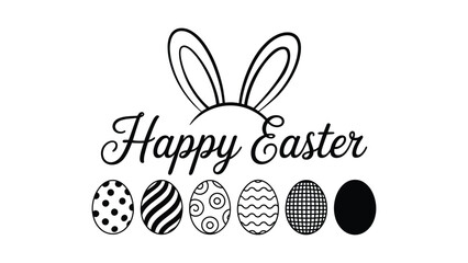 Happy Easter typography design with bunny ears and decorative egg collection in black and white for spring holiday greeting banner © Zavivec
