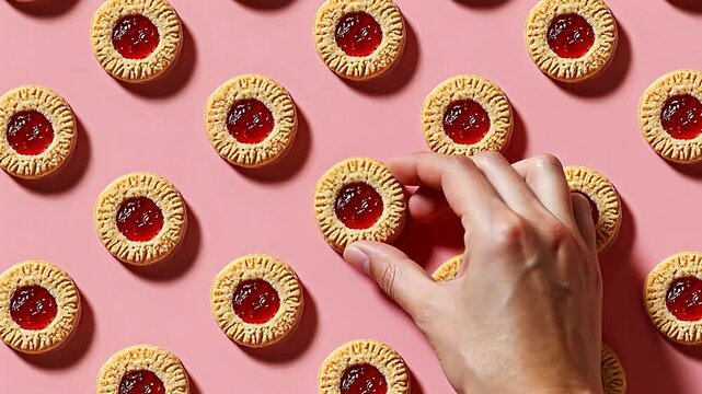 Jamfilled cookies arranged on pink surface