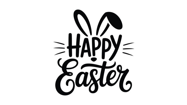 Happy Easter black and white typography design with bunny ears and decorative lettering for spring holiday greeting card banner