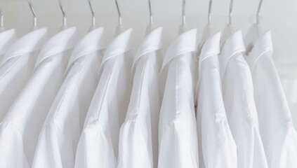 Fototapeta premium Detailed look at neatly hung white shirts on a rack; a sleek fashion arrangement highlighting fabric quality and structured collar design