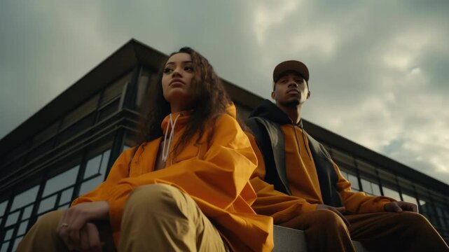 A young couple radiates style and confidence against an urban backdrop, their vibrant orange outfits standing out under the cloudy sky.