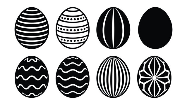 Set of decorative easter eggs with black and white patterns isolated on white background for holiday design decoration and seasonal graphic use