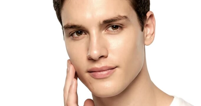 portrait of handsome man touching his stubble beard for skincare concept. generated with AI